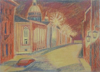 ЛОТ 229:
Улица связи. Давыдова О. 2007г.Бумага, пастель. Размер:18.5 х 25.5.(р.и.). В хорошем 