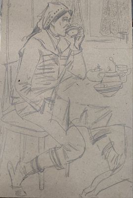 В.Руднев "За чаем" 30-19 см.1982 .Ленинград. Живописец, педагог. Народный художник России 