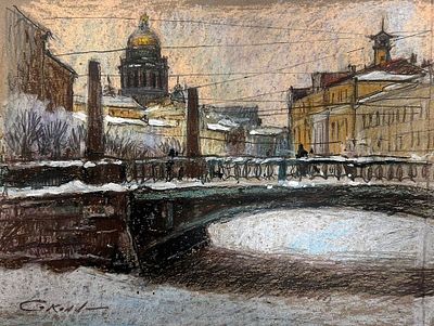 "На исходе зимы". 30-40 см .бумага , масляная пастель, цветные карандаши .Е. Соколова.