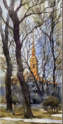 "Прогулка с корги на рассвете" 30-20 см.бумага акварель.Е.Соколова.