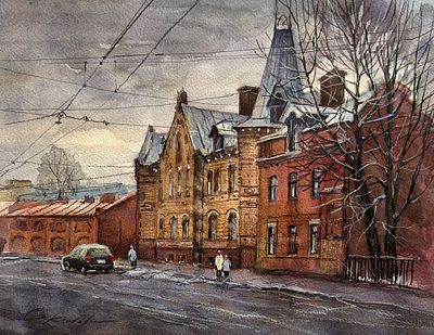 Е.Соколова ." На Пионерской улице" 30-40 см.бумага акварель.