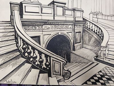 С .Руднев "Лестница в Академии Штиглица" 20-29.5 см. смеш. техника , бумага .2016 год.