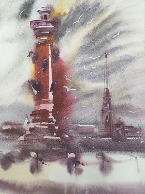 А. Пщеницын "Ростральная колонна" 29-21 см. изображение, 42-29 см.-лист. бумага акварель.