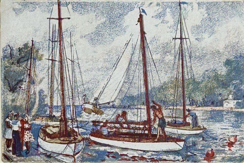 Скуляри Михаил Николаевич (1905-1985). Яхты у пристани. 1950 г. Бумага, цв. литографированная 