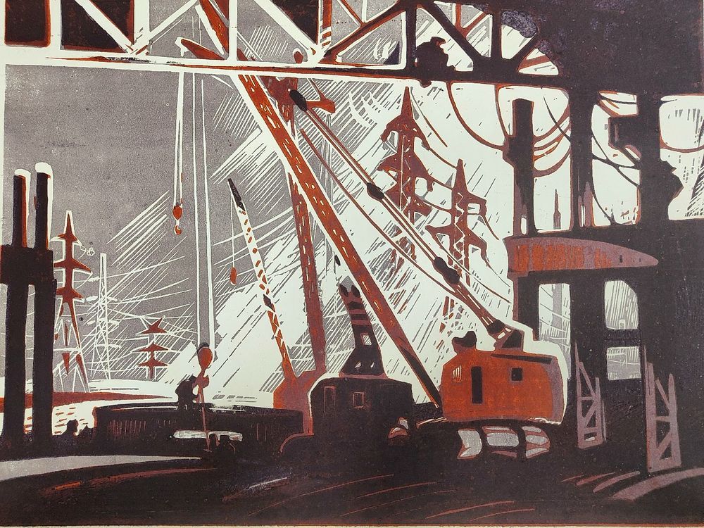 Владимир Ветрогонский "Красные краны" цветная линогравюра , 1967 год, Ленинград.50-65 