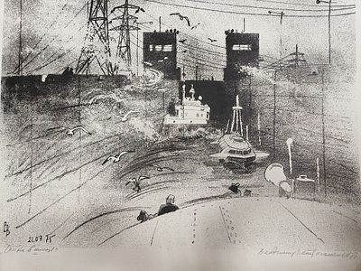 Владимир Ветрогонский "Чайки в шлюзе", литография, 1975 год.49-63см. изображение.
Ветрогонский 