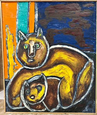 Б .Кошелохов "Кот " 120-100 , шелк масло . Один из героев ленинградского андеграундного 