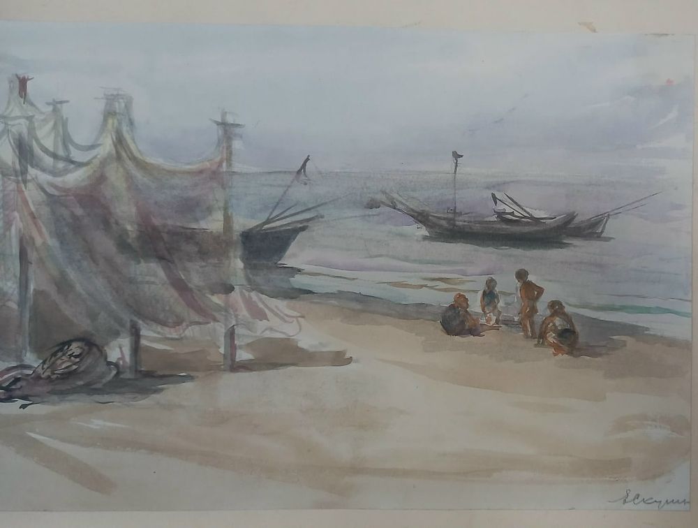 Е.П.Скуинь " На берегу" бумага акварель, 1939 год .в правом нижнем углу подпись автора. 22-32 