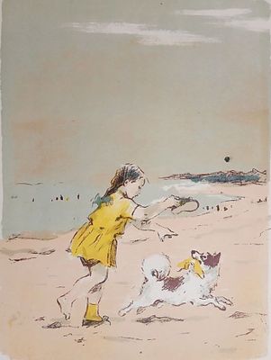 Матюх В." Девочка с собакой." 1950-е. Литография. Лист 54х41см.