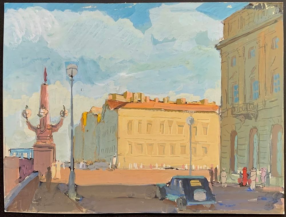 Ивлев Павел". Ленинград. Мост Кирова у Дворцовой. " 1950-е, гуашь, лист 25х33 см. На обороте 