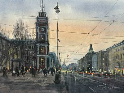 "Вечер на Невском" 30-40 см .бумага , акварель, цветной карандаш, темпера .Е.Соколова.