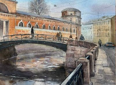 "У Мало-Конюшенного моста" 30-40 см, бумага акварель, цветной карандаш.Е.Соколова.