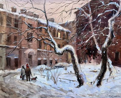 "Дворик на улице Мира" 30-35 см .бумага , акварель, цветной карандаш, темпера. Е.Соколова.