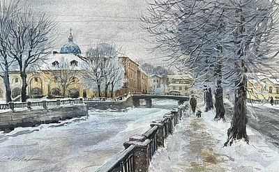 "Крюков канал" 25-40 см. бумага акварель , цветной карандаш. Е.Соколова.