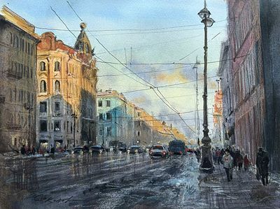 "Невский" 30-40 см. бумага акварель , цветной карандаш, темпера , тушь Е.Соколова.
