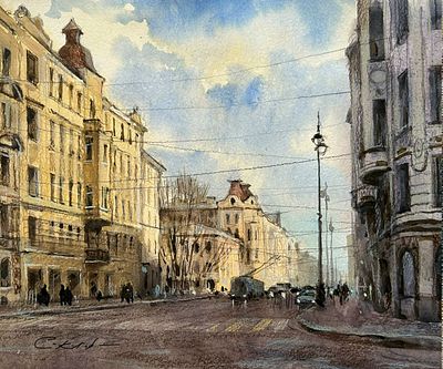 "Утро на Большом проспекте" 30-40 см. бумага , акварель, цветной карандаш. Е.Соколова.