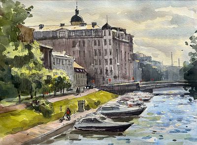 "На реке Ждановке" 30-40 см .бумага акварель, тушь, Е .Соколова