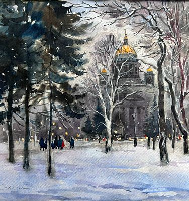"В Александровском саду" 30-30 см. бумага акварель.Е.Соколова.