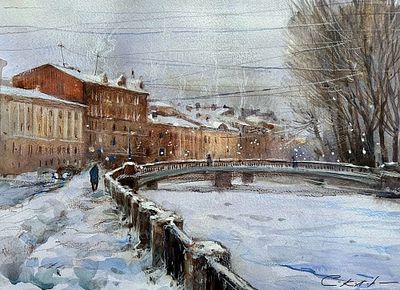 "Зима на канале Грибоедова" 30-40 см.бумага акварель.Е.Соколова.