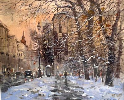 "Зима на Каменноостровском" 30-35 см.бумага акварель.Е.Соколова.