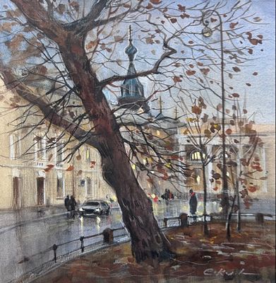 "На площади Искусств" 30-30 см.бумага акварель. Е.Соколова.