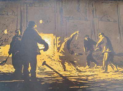 В .Ветрогонский(1923-2002). "У мартена" 1957 год, цветная линогравюра(.69-57 см лист). (63-46 