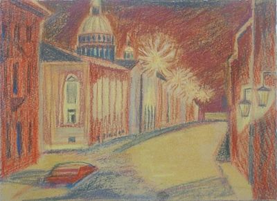 Улица связи. Давыдова О. 2007 год. Бумага, пастель. Размер: 18.5х25.5(р.и.) В хорошем состоянии .
