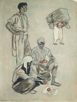 &laquo;Ливан. Грузчики Бейрутского порта&raquo;. 1955 год. Верейский О.Г(1915–1993). Бумага, карандаш 