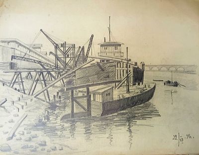 Успенский Владимир." Ленинград. Постройка набережной." 1934 г. Бумага, карандаш. Размер: 25 х 