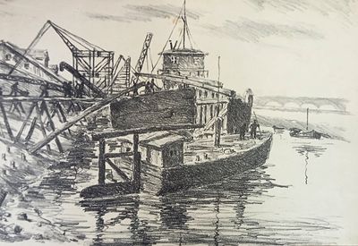 Успенский Владимир." Ленинград. Постройка набережной." 1934 г. Бумага, литография. Размер: 19 х 