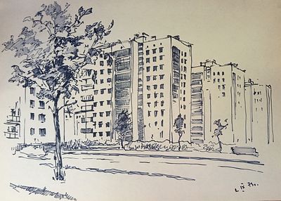Миронов А. Новостройки. 1973г. Бумага, фломастер. Размер : 28,5 х 39 см. Работа в хорошем 