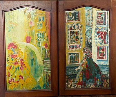 Геля Писарева (1933-2024). "Венеция , карнавал" , оргалит масло , эмаль , апликация 