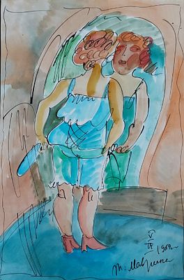Т. Маврина (1900 — 1996). "У Зеркала" 45-30 см. бумага акварель.1969 год, подпись , дата в 