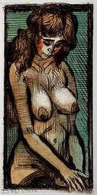 Домашенко Николай. Модель. 1998, сухая игла, акварель, 6,2х3 см. Лист бумаги ручного литья 