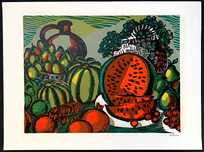 Ивлев Павел. Крымский натюрморт с арбузом. 1975, цветная линогравюра в пять(!) досок, 24х32 см. 
