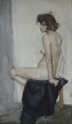 7.	Обнаженная женская модель. Сегал - не разборчиво(?). 1950-е годы. Бумага, акварель. Размер: 