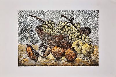 MOSCA MARIO Osimo 1940 "Natura morta" Acquatinta acquerellata a mano cm 49x34 del 1981. Firmata 