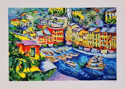 ROSATI GIORGIO Italia XX sec. "Portofino" Serigrafia su cartoncino cm 70x50. Firmata sul fronte 