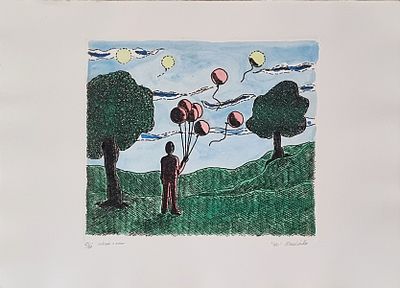 SCHULER MARCO Germania 1972 "Soli" Incisione su cartoncino colorata a mano cm 70x50. Intitolata 