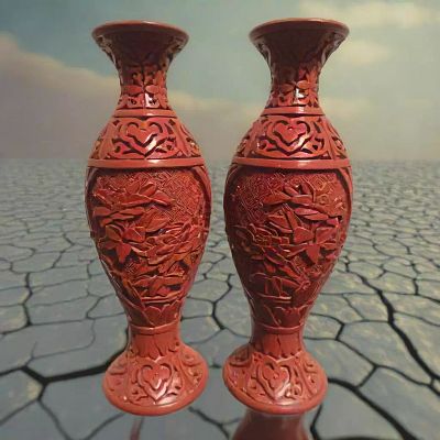זוג אגרטלי לכה סינבאר סיני אדום עתיק 
אמייל כחול מגולף פרחי אדמונית 
(18 ס"מ) x (17 