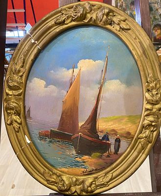 Французская школа XIX в. - Парусники на береге. картон, масло.