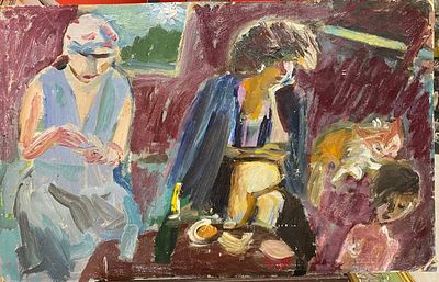 Заславский А.С. - Лена и Ирина с Ларисой Тростяницкой. 1995. картон, масло. Заславский Анатолий