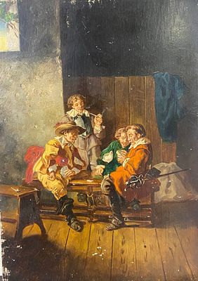 Неизвестный. Фламандская школа XIX в. - Мушкетеры за столом. дерево, масло