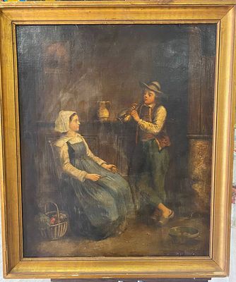 Неизветсный. Французская школа XIX в. - Игра на флейте. холст, масло