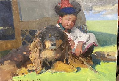 Мунх А. - Мальчик с собакой. холст, масло. А. Мунх (р. 1991). Современный монгольско-российский 