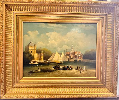 Неизвестный XIX в. - Парусник у прибрежного храма. дерево, масло