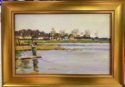 Бочаров Ю.Ф. - Рыбак. картон, масло. Бочаров Юрий Фёдорович (1937-2023) - советский и российский 