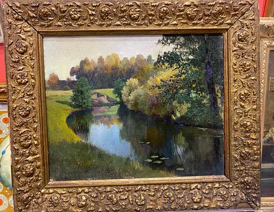 Неизвестный - Пейзаж с рекой. 1896. холст, наклеенный на картон, масло. Подпись: Евтрыкин 1896