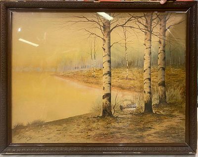 Русская школа начала XX в. - Березы. бумага, смешанная тезника. Подпись : Н. Хвостов