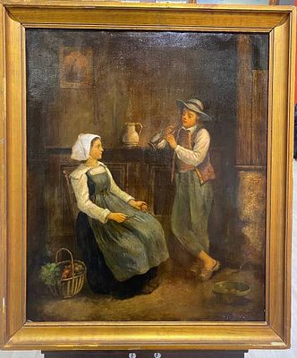 Французская школа XIX в. - Игра на флейте. холст, масло. Следы реставрации, дублирование холста